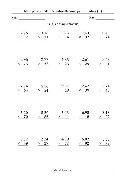Multipication d'un Nombre à 3 Chiffres des Centièmes par un Nombre Entier à 2 Chiffres (H)