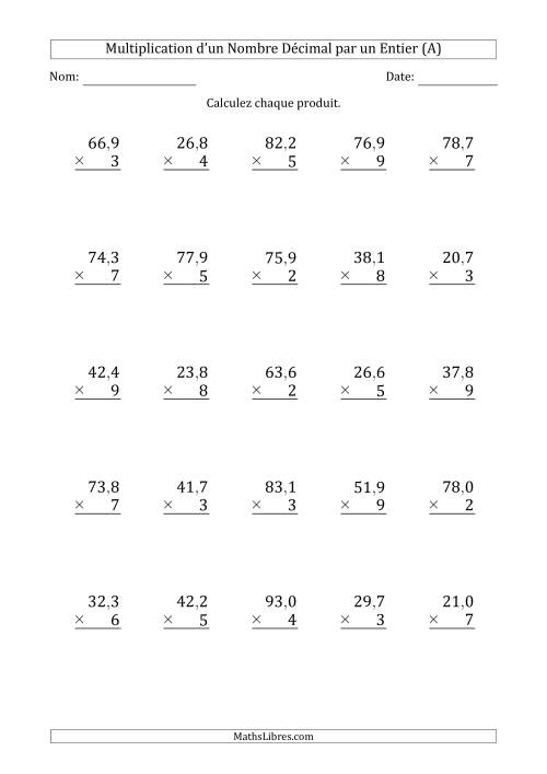 Multipication d'un Nombre à 3 Chiffres des Dixièmes par un Nombre Entier à 1 Chiffre (A)
