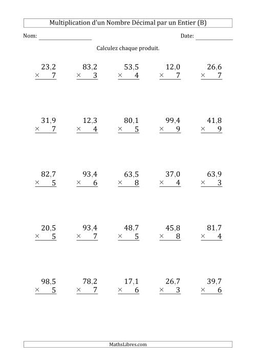 Multipication d'un Nombre à 3 Chiffres des Dixièmes par un Nombre Entier à 1 Chiffre (B)