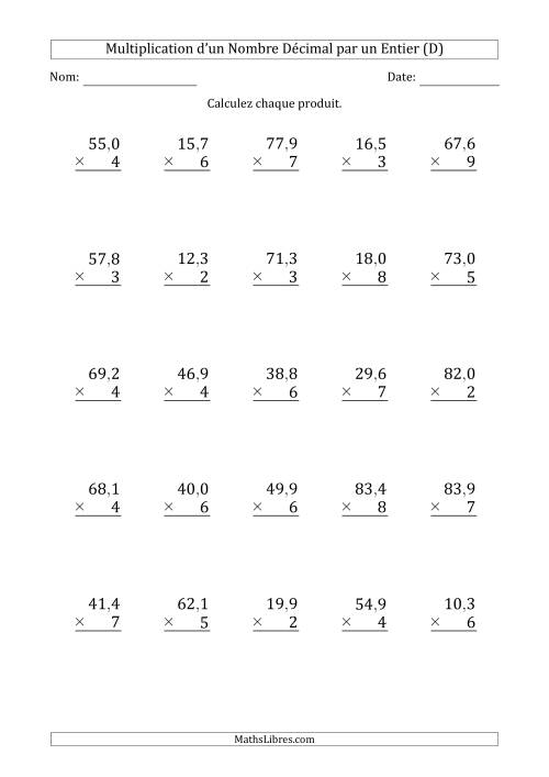 Multipication d'un Nombre à 3 Chiffres des Dixièmes par un Nombre Entier à 1 Chiffre (D)