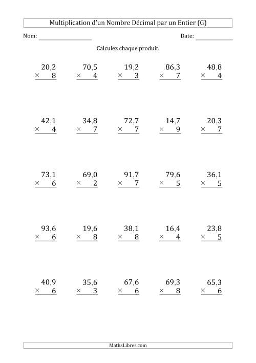Multipication d'un Nombre à 3 Chiffres des Dixièmes par un Nombre Entier à 1 Chiffre (G)