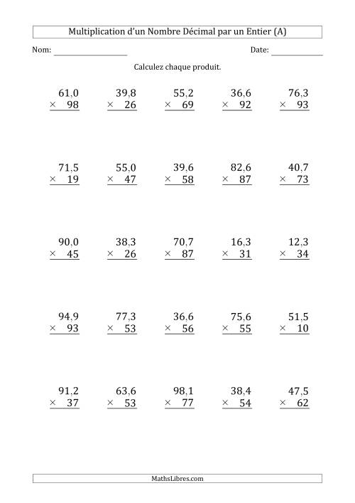 Multipication d'un Nombre à 3 Chiffres des Dixièmes par un Nombre Entier à 2 Chiffres (A)