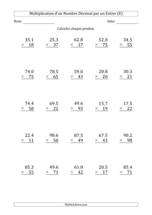 Multipication d'un Nombre à 3 Chiffres des Dixièmes par un Nombre Entier à 2 Chiffres (E)
