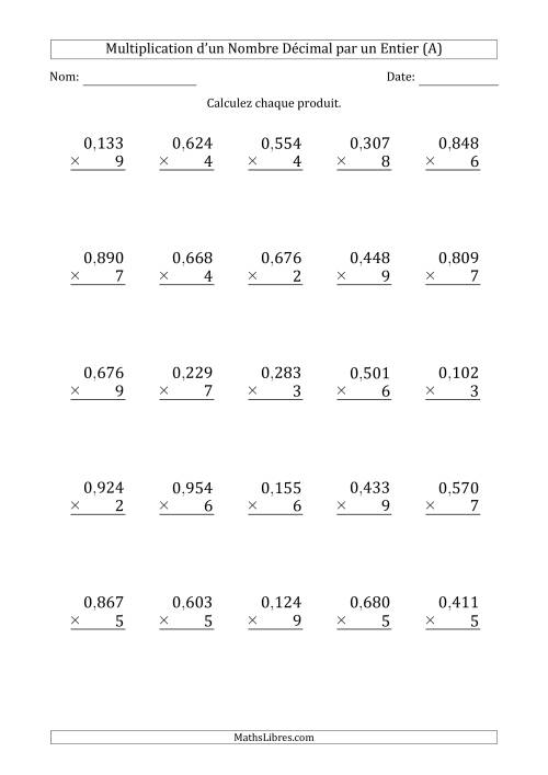Multipication d'un Nombre à 3 Chiffres des Millièmes par un Nombre Entier à 1 Chiffre (A)