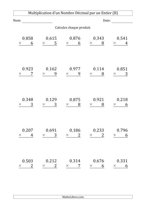 Multipication d'un Nombre à 3 Chiffres des Millièmes par un Nombre Entier à 1 Chiffre (B)