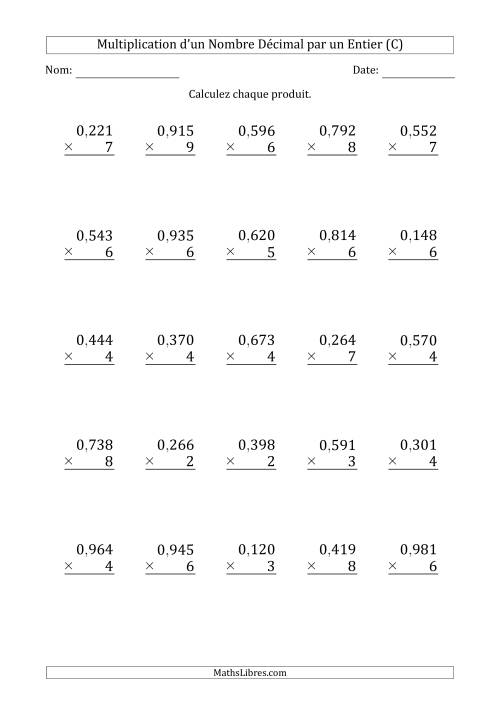 Multipication d'un Nombre à 3 Chiffres des Millièmes par un Nombre Entier à 1 Chiffre (C)