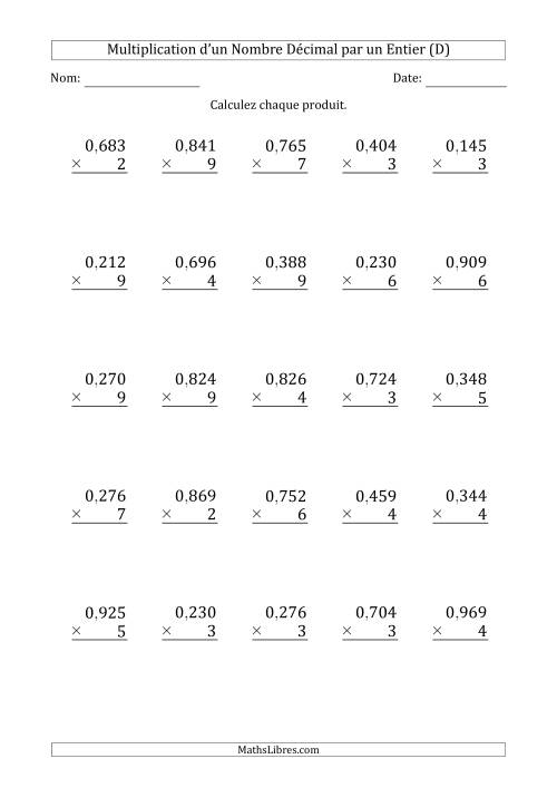 Multipication d'un Nombre à 3 Chiffres des Millièmes par un Nombre Entier à 1 Chiffre (D)