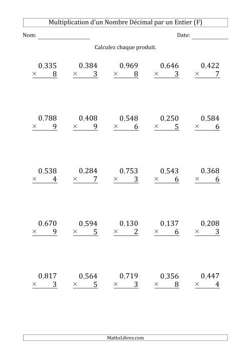 Multipication d'un Nombre à 3 Chiffres des Millièmes par un Nombre Entier à 1 Chiffre (F)