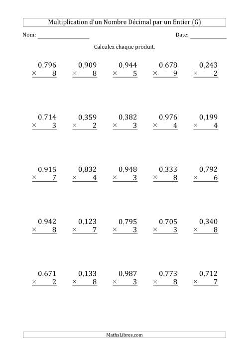 Multipication d'un Nombre à 3 Chiffres des Millièmes par un Nombre Entier à 1 Chiffre (G)