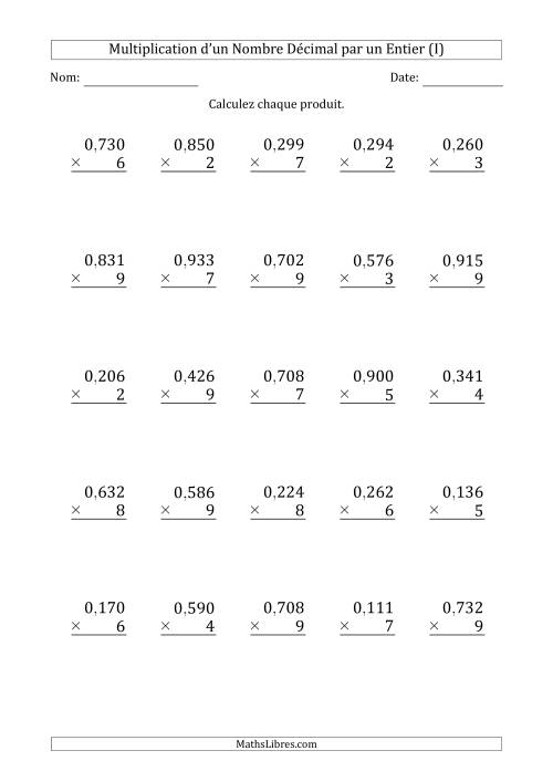 Multipication d'un Nombre à 3 Chiffres des Millièmes par un Nombre Entier à 1 Chiffre (I)