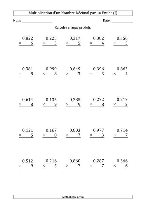 Multipication d'un Nombre à 3 Chiffres des Millièmes par un Nombre Entier à 1 Chiffre (J)
