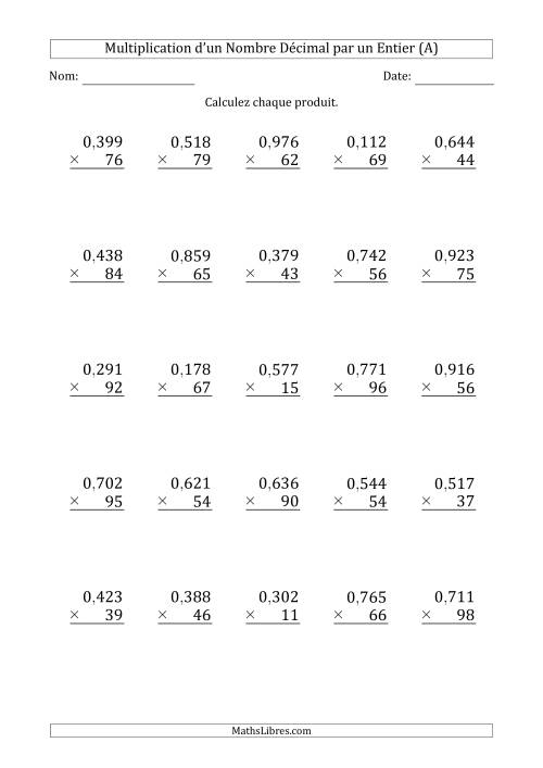 Multipication d'un Nombre à 3 Chiffres des Millièmes par un Nombre Entier à 2 Chiffres (A)