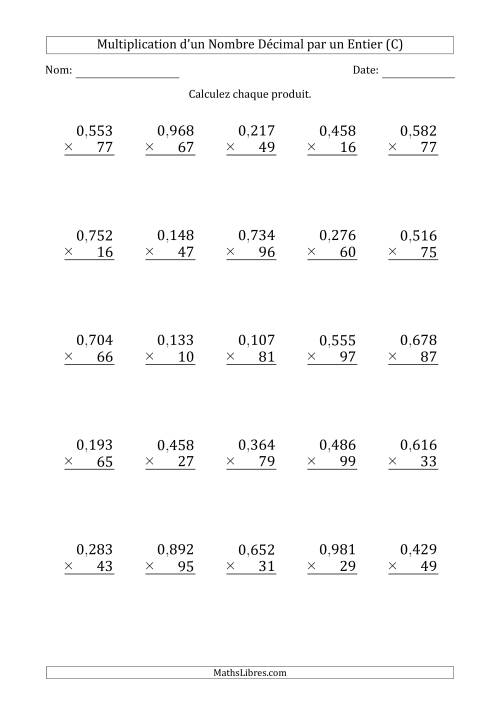 Multipication d'un Nombre à 3 Chiffres des Millièmes par un Nombre Entier à 2 Chiffres (C)