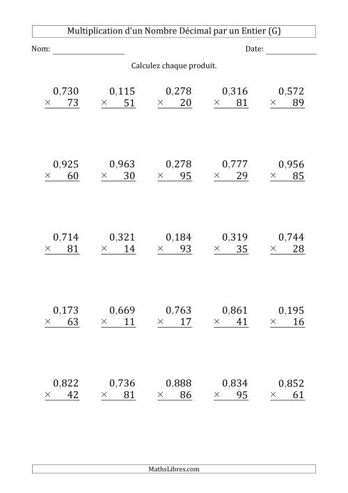Multipication d'un Nombre à 3 Chiffres des Millièmes par un Nombre Entier à 2 Chiffres (G)