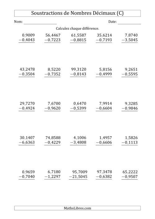 Soustraction de Nombres Décimaux Jusqu'aux Dix-Millièmes avec un Entier dans le Diminuende et Diminuteur (C)