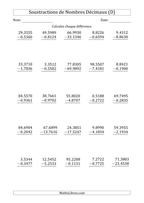 Soustraction de Nombres Décimaux Jusqu'aux Dix-Millièmes avec un Entier dans le Diminuende et Diminuteur (D)