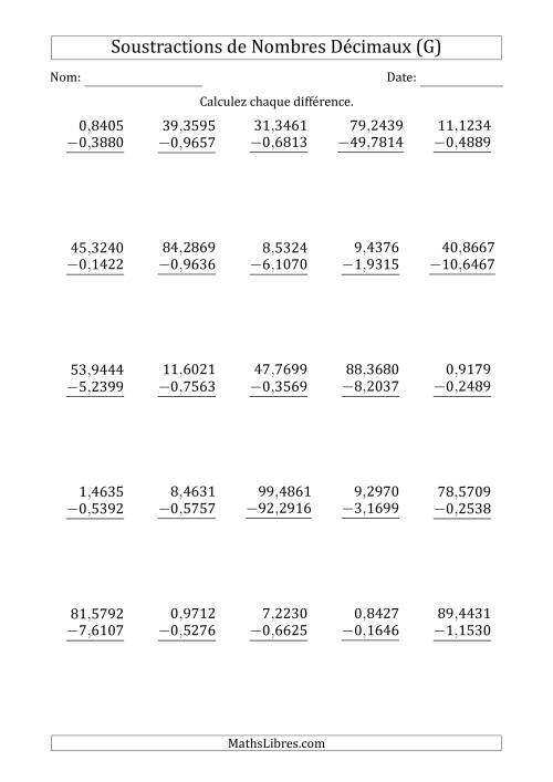Soustraction de Nombres Décimaux Jusqu'aux Dix-Millièmes avec un Entier dans le Diminuende et Diminuteur (G)