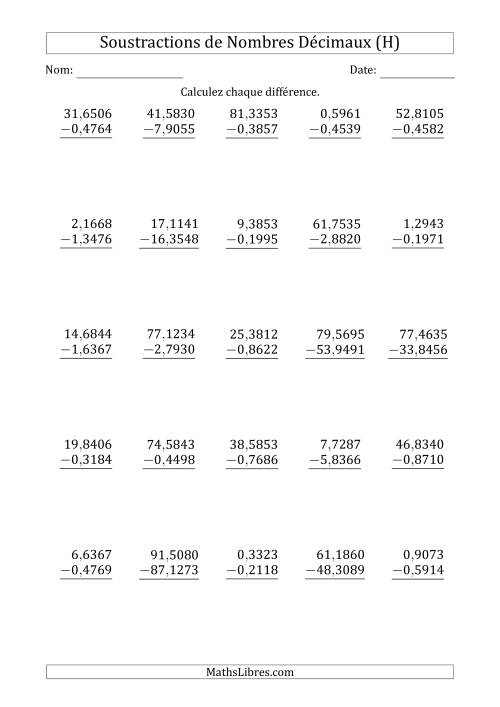 Soustraction de Nombres Décimaux Jusqu'aux Dix-Millièmes avec un Entier dans le Diminuende et Diminuteur (H)