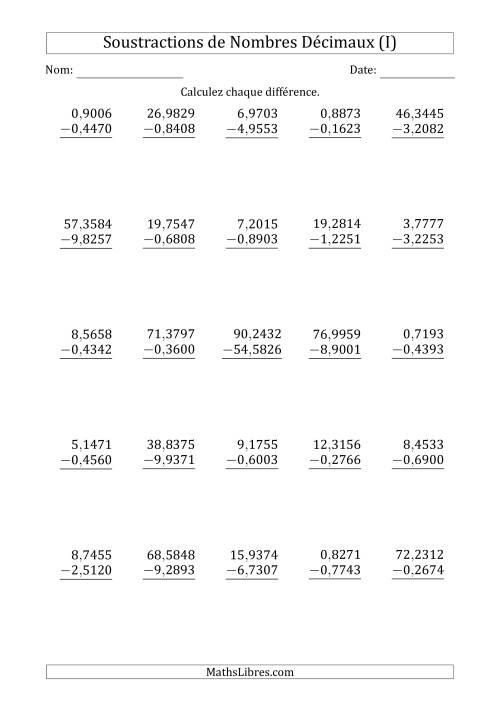 Soustraction de Nombres Décimaux Jusqu'aux Dix-Millièmes avec un Entier dans le Diminuende et Diminuteur (I)