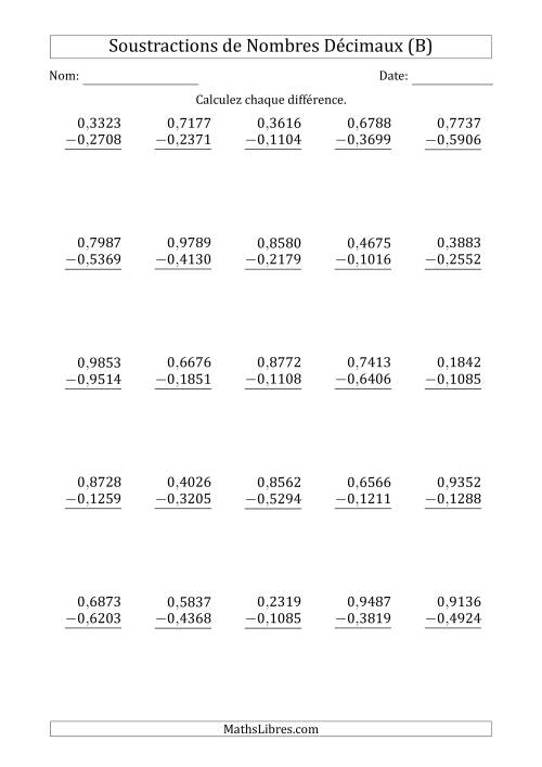 Soustraction de Nombres Décimaux Jusqu'aux Dix-Millièmes avec Aucun Entier (B)
