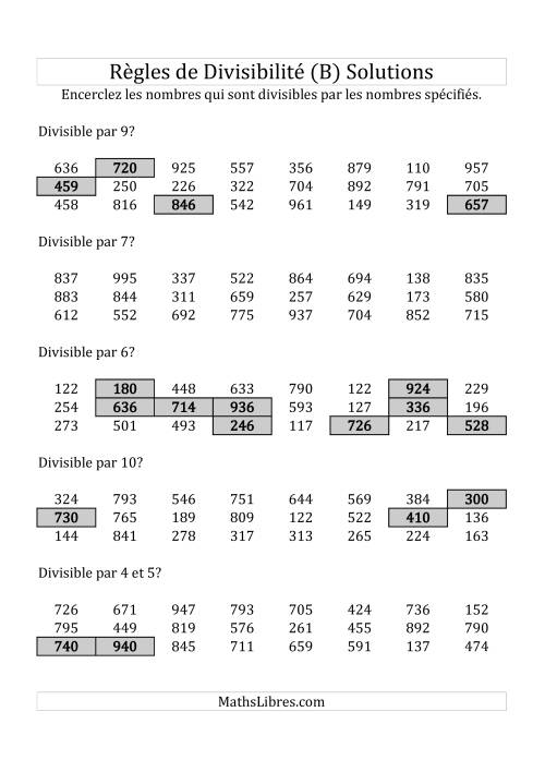 Divisibilité par chiffres 2 à 10 -- 3-chiffres (B) page 2