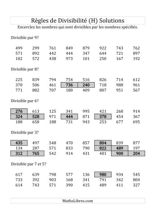 Divisibilité par chiffres 2 à 10 -- 3-chiffres (H) page 2