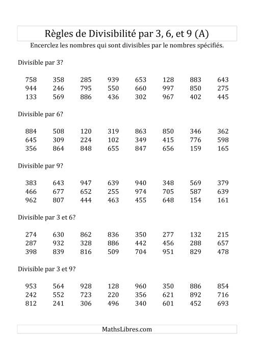 Divisibilité par 3, 6 et 9 -- 3-chiffres (A) Fiche d'Exercices de Division