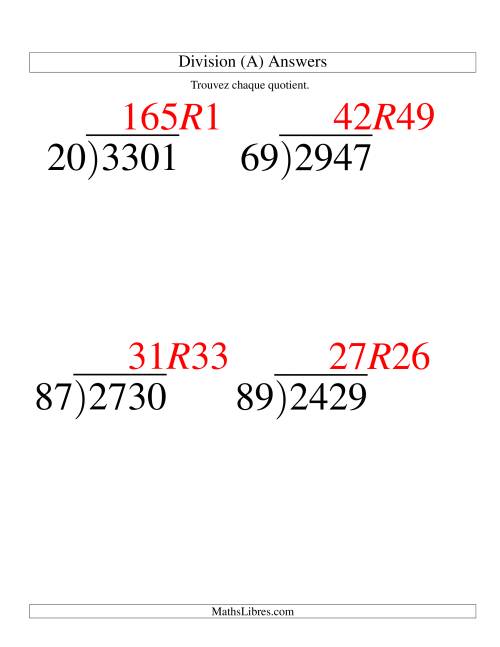 Division Longue -- Diviseur Deux-Chiffres et Dividende Quatre-Chiffres -- Quotient Entier (Gros Caractères) page 2