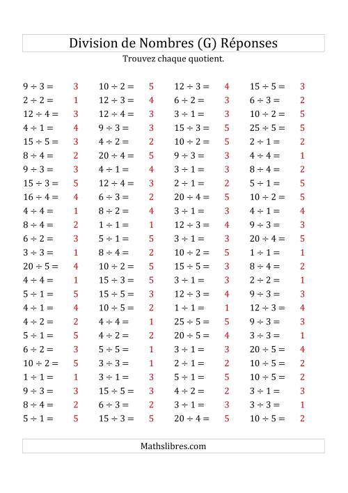Division de Nombres Jusqu'à 25 (G) page 2