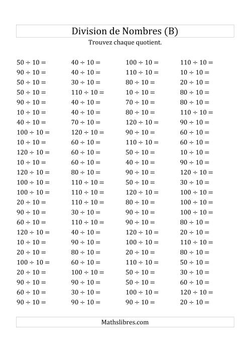 Division de Nombres Par 10 (Quotient 1 - 12) (B)