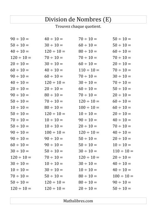 Division de Nombres Par 10 (Quotient 1 - 12) (E)