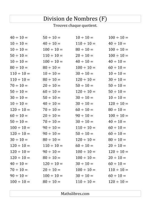 Division de Nombres Par 10 (Quotient 1 - 12) (F)