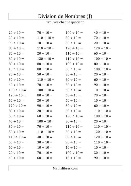 Division de Nombres Par 10 (Quotient 1 - 12) (J)