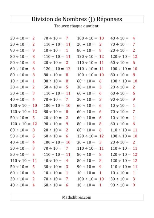 Division de Nombres Par 10 (Quotient 1 - 12) (J) page 2
