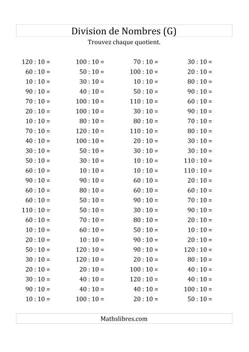 Division de Nombres Par 10 (Quotient 1 - 12) (G)