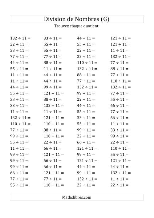 Division de Nombres Par 11 (Quotient 1 - 12) (G)