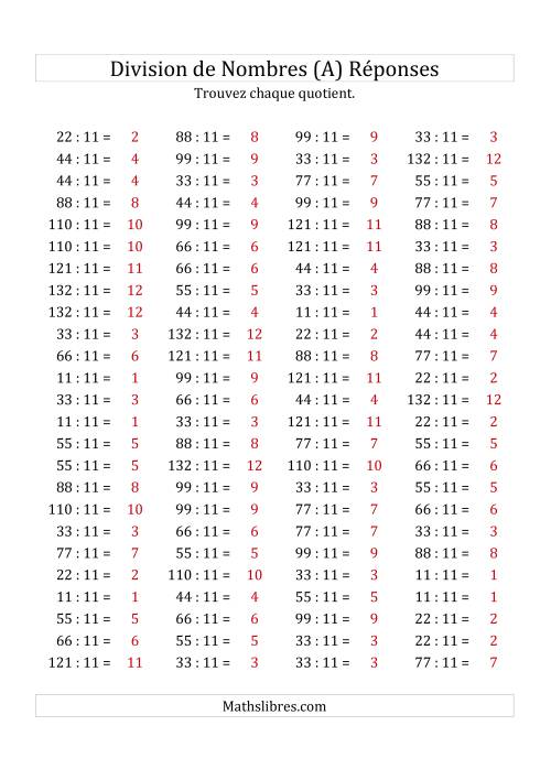 Division de Nombres Par 11 (Quotient 1 - 12) (A) page 2