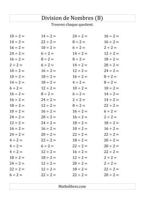 Division de Nombres Par 2 (Quotient 1 - 12) (B)