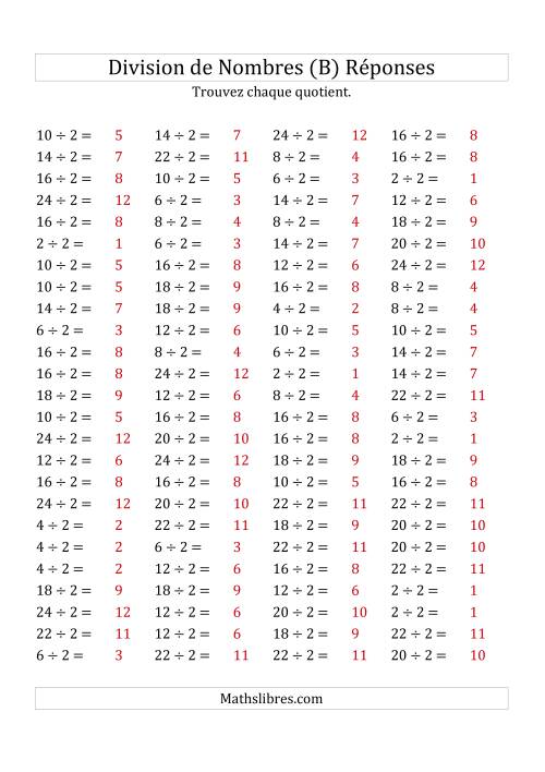 Division de Nombres Par 2 (Quotient 1 - 12) (B) page 2