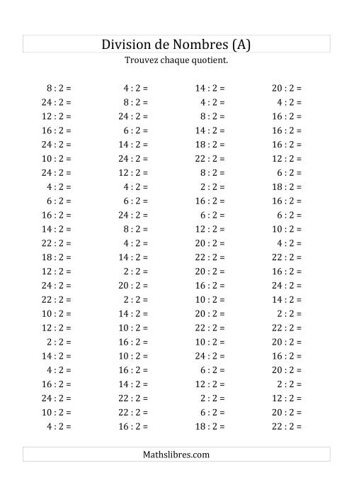 Division de Nombres Par 2 (Quotient 1 - 12) (A)