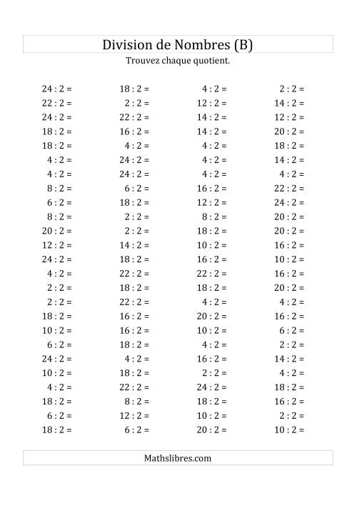 Division de Nombres Par 2 (Quotient 1 - 12) (B)