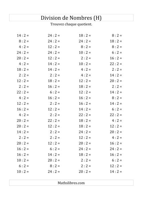 Division de Nombres Par 2 (Quotient 1 - 12) (H)