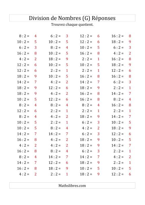 Division de Nombres Par 2 (Quotient 1 - 9) (G) page 2
