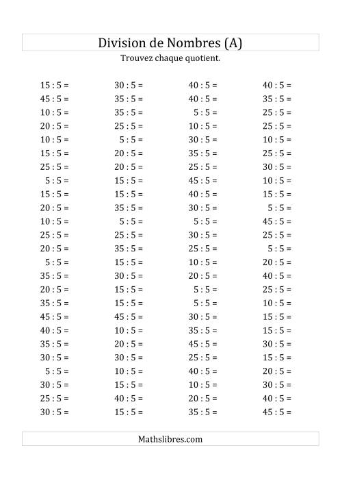 Division de Nombres Par 5 (Quotient 1 - 9) (A)