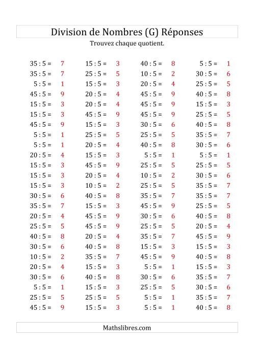 Division de Nombres Par 5 (Quotient 1 - 9) (G) page 2