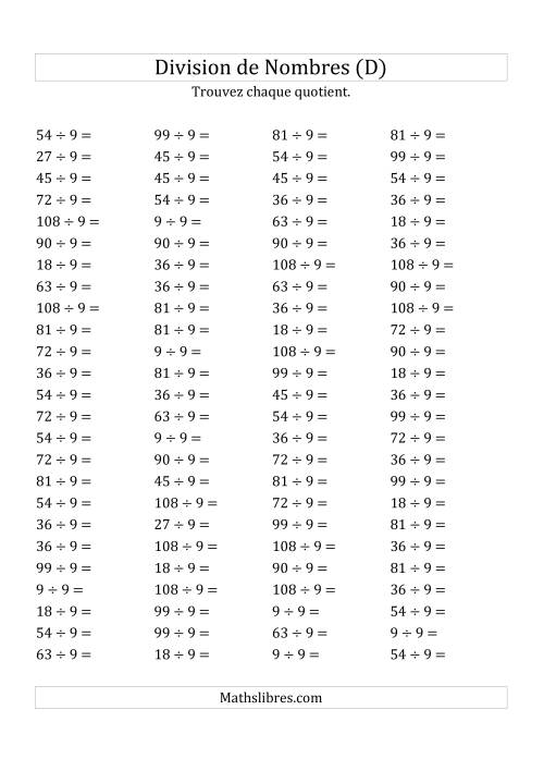 Division de Nombres Par 9 (Quotient 1 - 12) (D)