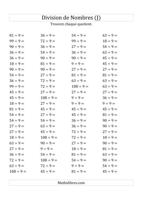 Division de Nombres Par 9 (Quotient 1 - 12) (J)