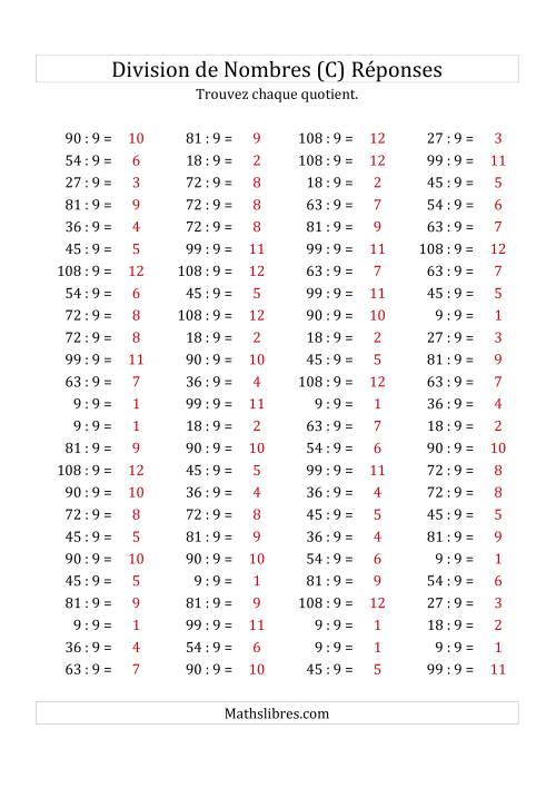 Division de Nombres Par 9 (Quotient 1 - 12) (C) page 2
