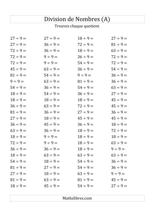 Division de Nombres Par 9 (Quotient 1 - 9) (A)