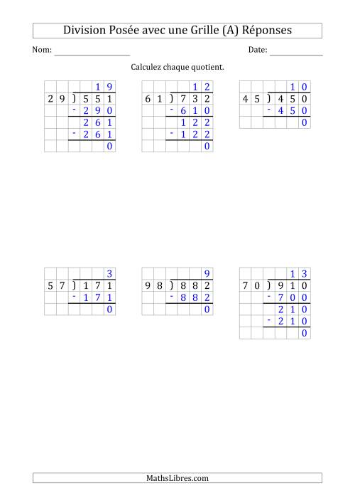 Division Posée d'un Nombre à 3 Chiffres par un Nombre à 2 Chiffres Avec l'Aide d'une Grille et SANS Restes (A) page 2
